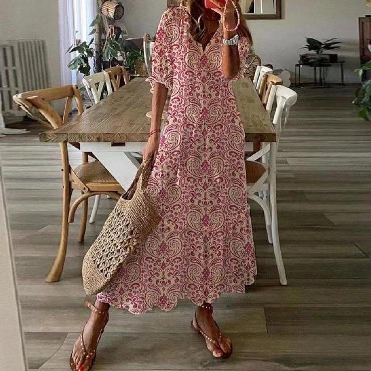 Women’s Midi Dress – Relaxed Fit – Embroidered Cotton – V-Neck – Puff Sleeve – Tassel Detail