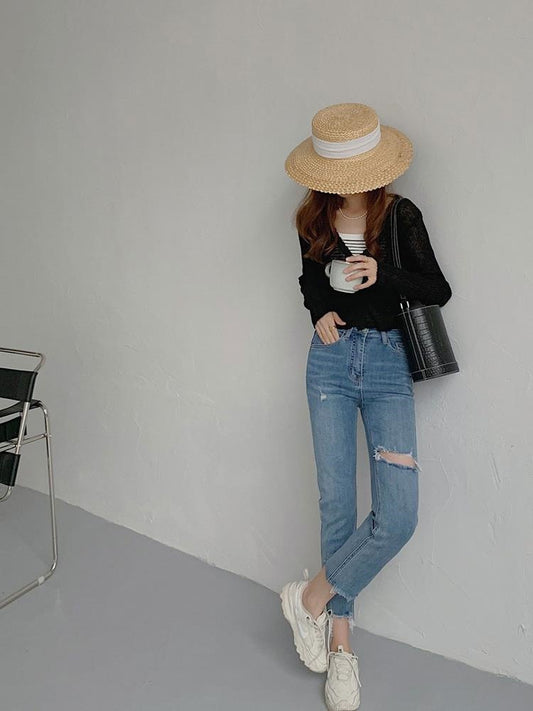 Distressed High-Waisted Straight-Leg Jeans
