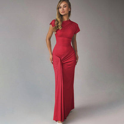 Women’s Full-Length Dress – Stretch Fabric – Draped Waist – Short Sleeve Formal Fit