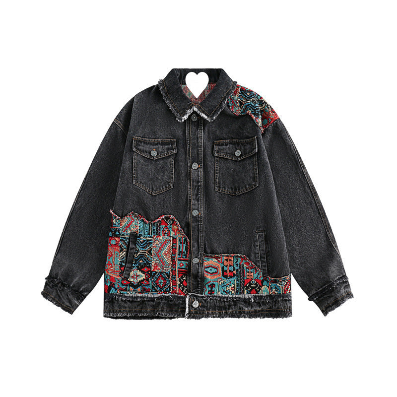  Ethnic Patchwork - Button-Up Denim Jacket