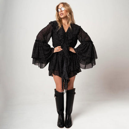 Women’s Mini Dress – Chiffon – Fit and Flare – Ruffle Neckline – Bell Sleeve – Polka Dot