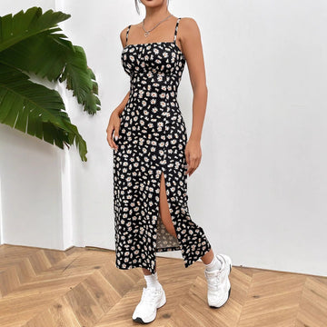 Women’s Midi Dress – Slim Fit – Bustier Bodice – Spaghetti Straps – Floral Print – Side Slit
