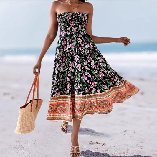 Floral Print Flared Cotton Blend Midi Dress