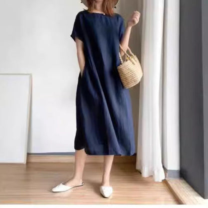 Women’s Midi Dress – Loose Fit – Breathable Fabric – Short Sleeve Casual Style