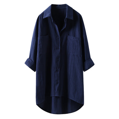 Women's Oversized Button-Up Shirt - Long Sleeve - High-Low Hem - Relaxed Fit - Front Pockets