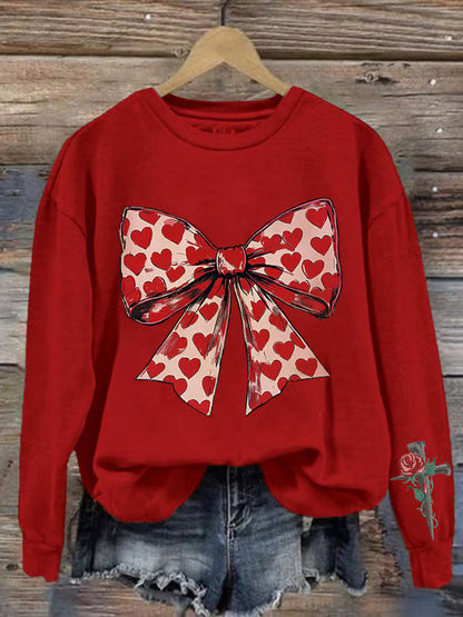 Women’s Sweatshirt – Oversized Fit – Crew Neck – Graphic Bow and Rose Print – Cotton Knit