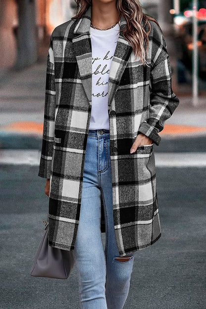 Women's loose fit checked coat with lapel pocket