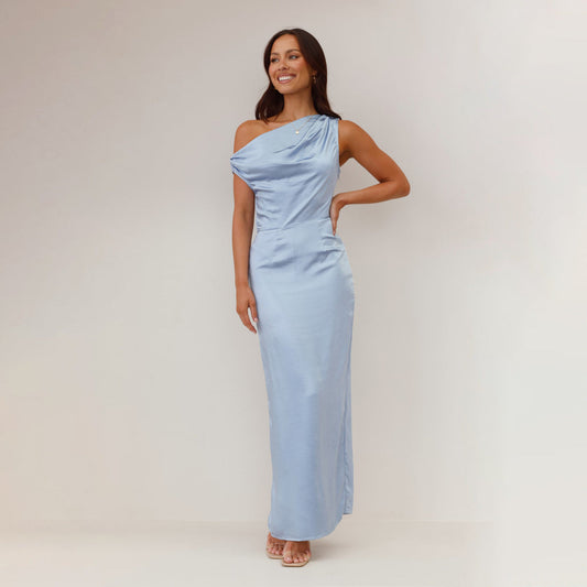Satin Finish One-Shoulder Bodycon Midi Dress