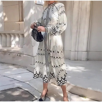 Women’s Midi Dress – Tailored Fit – Ornate Pattern – Long Sleeve – Belted Waist