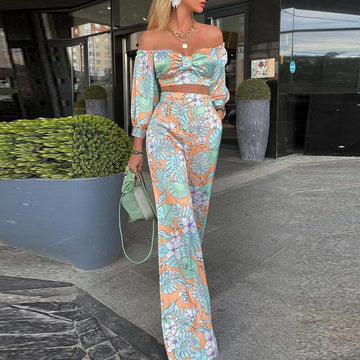 Rolyn - floral print pocket off the shoulder long sleeve and trouser set