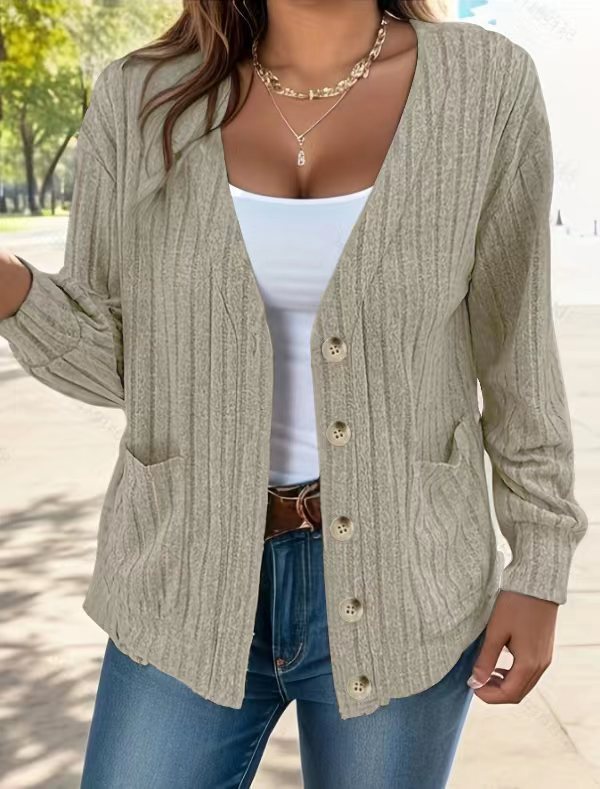 Ribbed Knit Relaxed Fit Cardigan With Pockets 