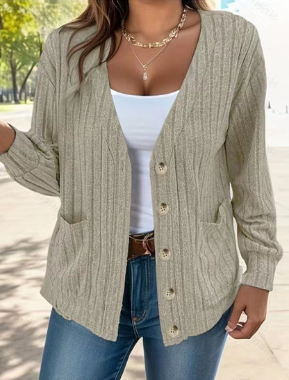 Women’s Cardigan – Relaxed Fit – Ribbed Knit – Button Front – Hip Length – Pockets