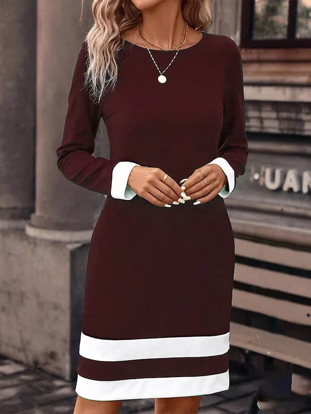 Women's Shift Dress - Long Sleeve - Crew Neck - Above Knee - Contrast Hem Detail
