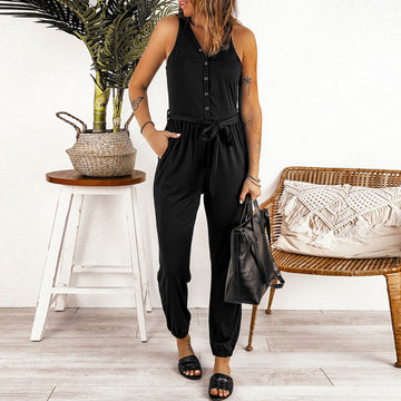 Priga - Plain Jumpsuit with Low V-cut and Sleeveless Tie straps