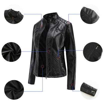 Women's casual faux leather stand-up collar jacket