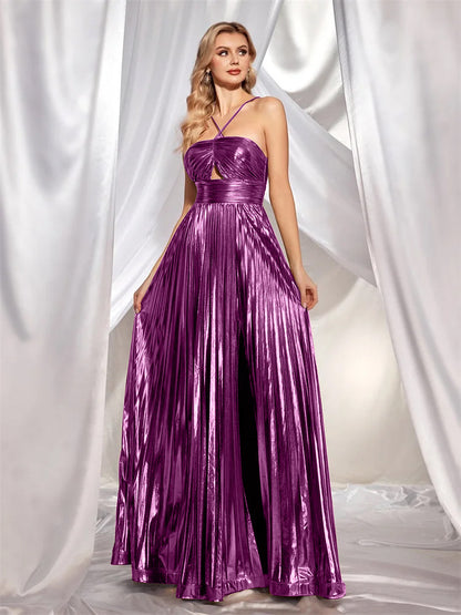 Women's Evening Dress- Metallic Gold Finish - Halter Neck - Floor-Length