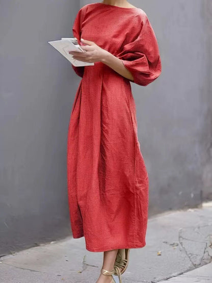 Women’s Midi Dress – Loose Fit – Puff Sleeve – Round Neck – Lightweight Casual Wear