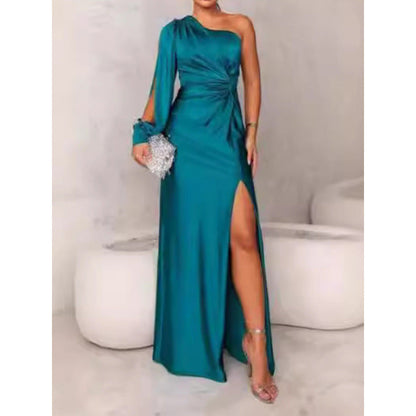 Women’s Maxi Dress – One Shoulder – Satin Finish – High Slit – Ruched Slim Fit