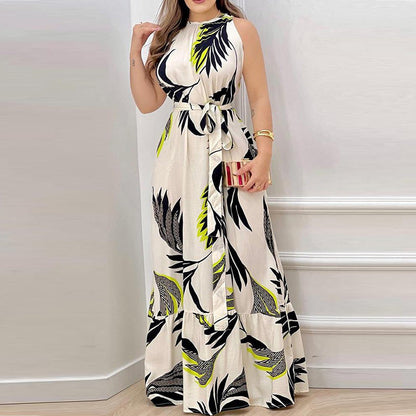 Women’s Halter Maxi Dress – Floral Print – Ruffled Hem – Waist Tie – Flowy Fit
