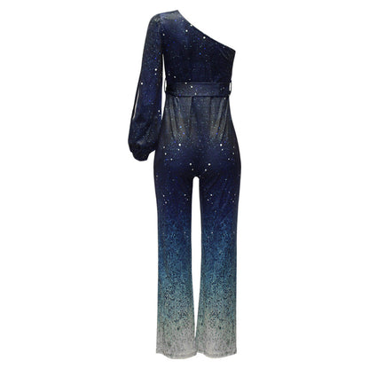 Women’s Jumpsuit – One-Sleeve – Shimmer Finish – Flared Leg – Waist Tie – Formal Fit