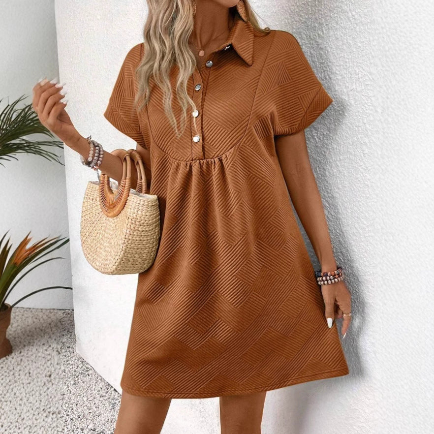 Women’s Polo Dress – Relaxed Fit – Textured Fabric – Short Batwing Sleeve – Above Knee