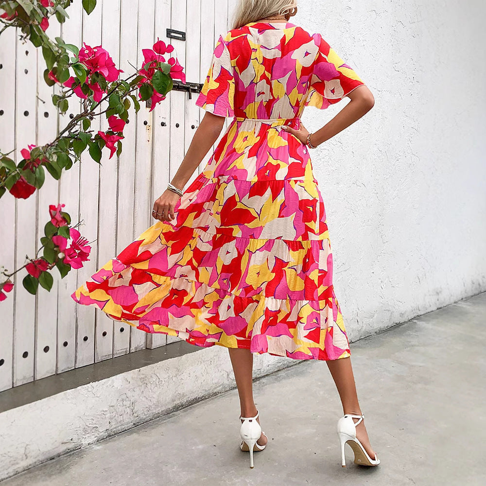 Women’s A-Line Dress – Ruffled Sleeves – Abstract Print – Button Front – Midi Length
