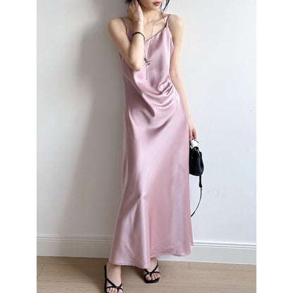 Women’s Camisole Dress – Satin Fabric – Full Length – A-Line Draped Fit – Spaghetti Strap