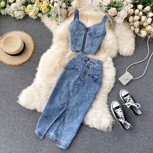 Corset-Style Denim Two-Piece Midi Skirt Set