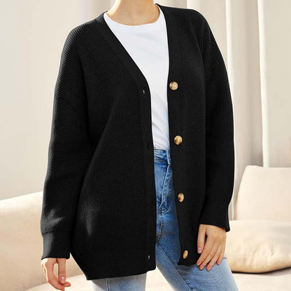 Women's versatile button V-neck solid color knit cardigan