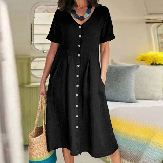 V-Neck Button-Front Short Sleeves Midi Dress