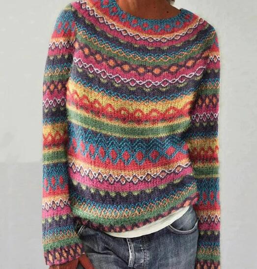 Women's loose multicolor striped round neck knit pullover sweater