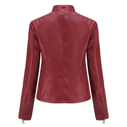 Women's casual faux leather stand-up collar jacket