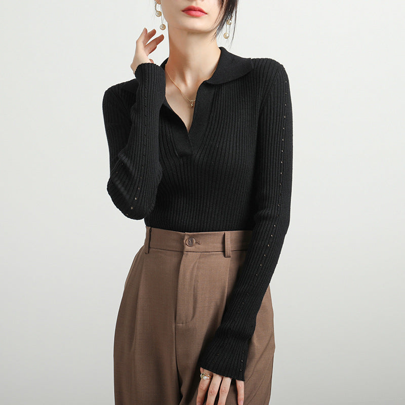 Women's Ribbed Long Sleeve Collared Sweater