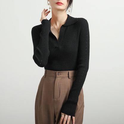 Women's Ribbed Long Sleeve Collared Sweater