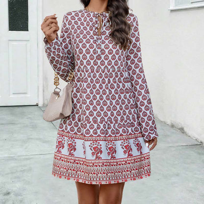 Women's Boho Midi Dress - Lightweight Flowy Fit - Long Sleeve Vintage Style