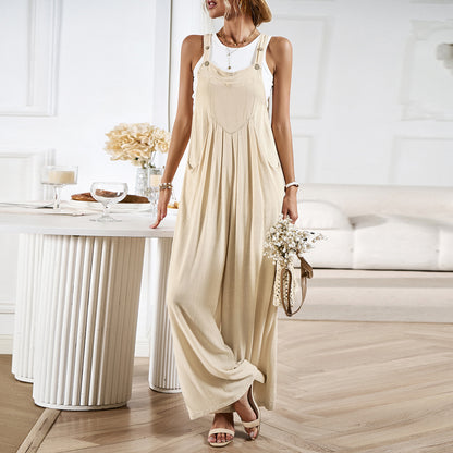 Women's Jumpsuit - Relaxed Fit - Wide Straps with Buttons - Breathable Casual Wear