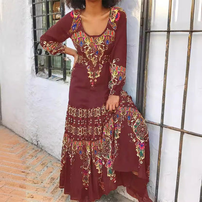 Women's Maxi Dress - Bohemian Print - Long Sleeve - Scoop Neck - Flowy Relaxed Fit