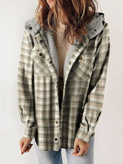 Women’s Jacket – Wool Blend – Relaxed Fit – Plaid – Plush Hood – Button-Up Casual Wear