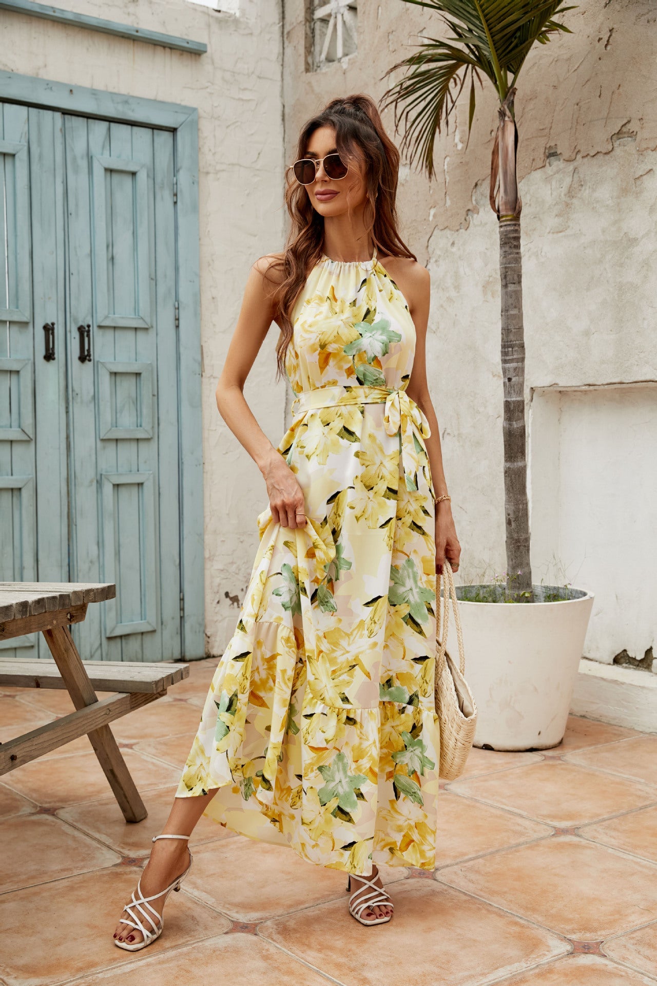 Women’s Maxi Dress – Flowy Fit – Halter Neck – Tiered Skirt – Floral Print