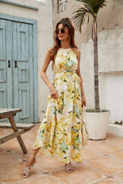 Women’s Maxi Dress – Flowy Fit – Halter Neck – Tiered Skirt – Floral Print