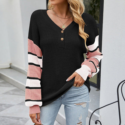 Women's v-neck half button striped sleeve knit sweater