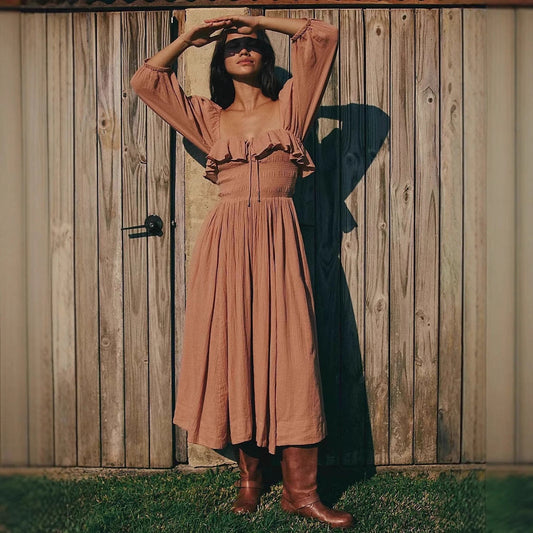 Smocked Waist Cotton Blend A-Line Dress