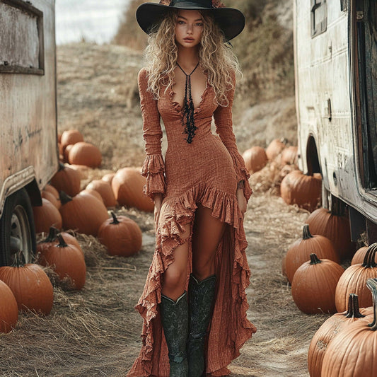 Ruffled Slim Fit V-Neck Maxi Dress 