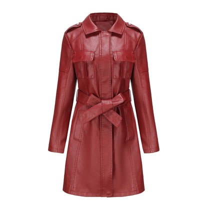 Women’s Mid-Length Jacket – Structured Fit – Faux Leather – Epaulets – Zipper Closure