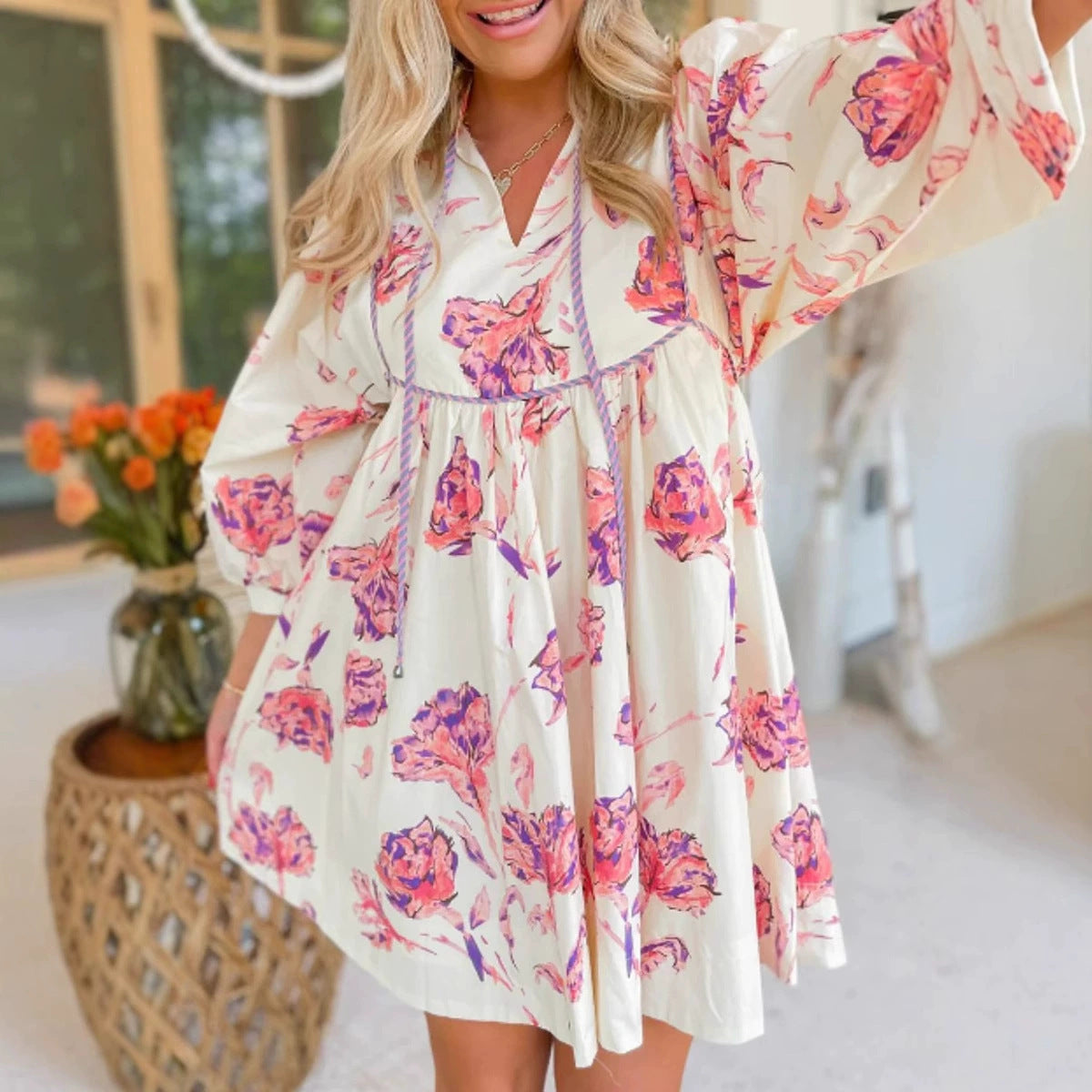 Women’s Short Dress – Cotton Blend – Puff Sleeve – V-Neck – Flowy Cinched Waist