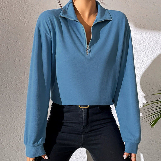 Relaxed Cotton Blend Half-Zip Pullover Top 