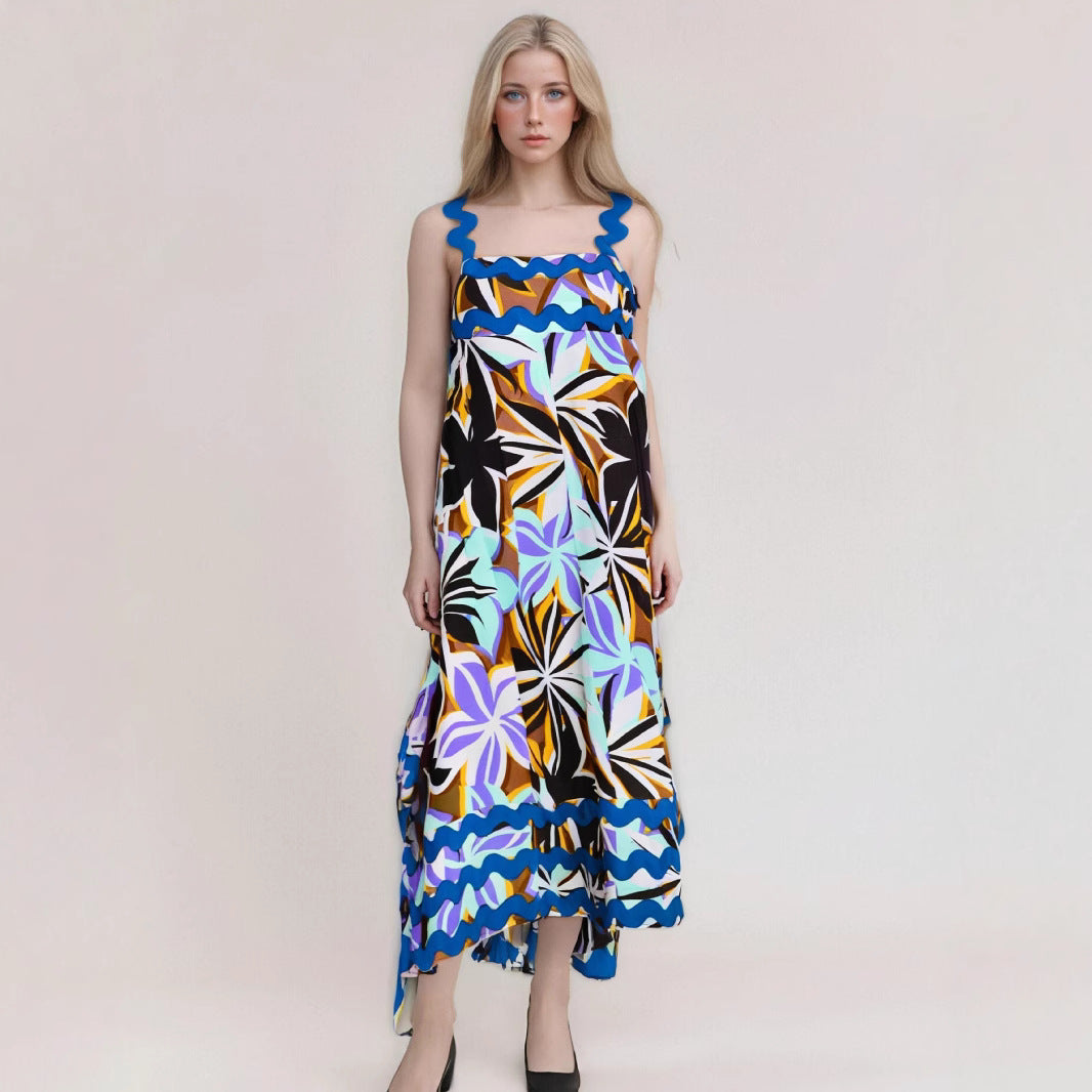 Women’s Long Dress – Floral Print – Flowing Fit – Satin-Like Fabric – Wavy Trim