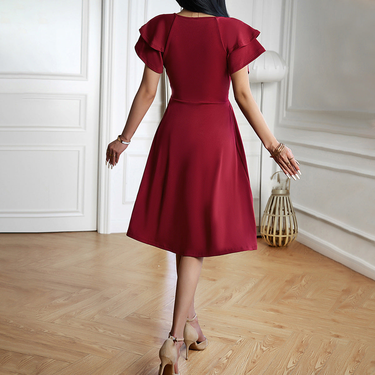 Women's Midi Dress - Wrap Design - V-Neck - Short Ruffled Sleeves - Flattering Fit