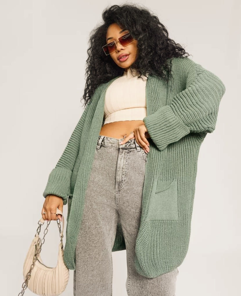 Women’s Knitted Cardigan – Oversized Fit – Ribbed Texture – Open Front – Front Pockets