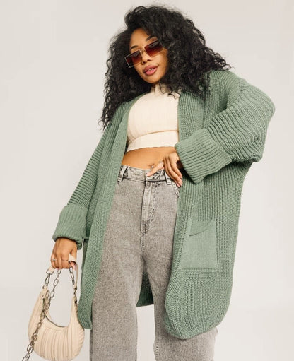 Women’s Knitted Cardigan – Oversized Fit – Ribbed Texture – Open Front – Front Pockets